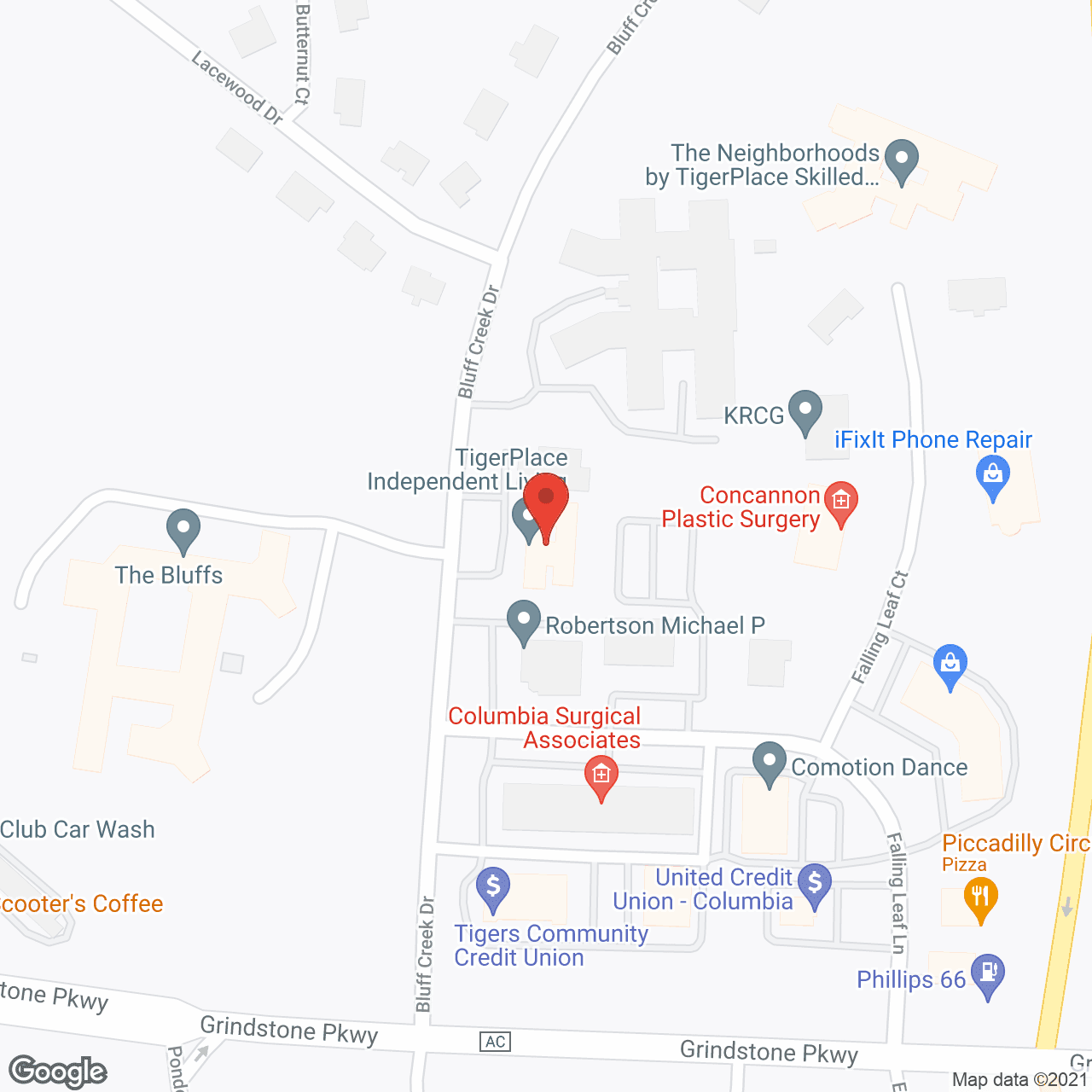 Map of the neighborhood around TigerPlace, Bluff Creek Terrace and Arbors