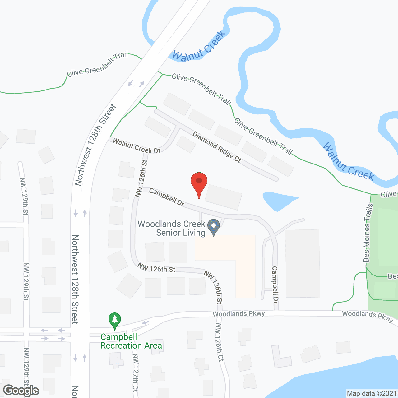 Map of the neighborhood around Woodlands Creek Senior Living