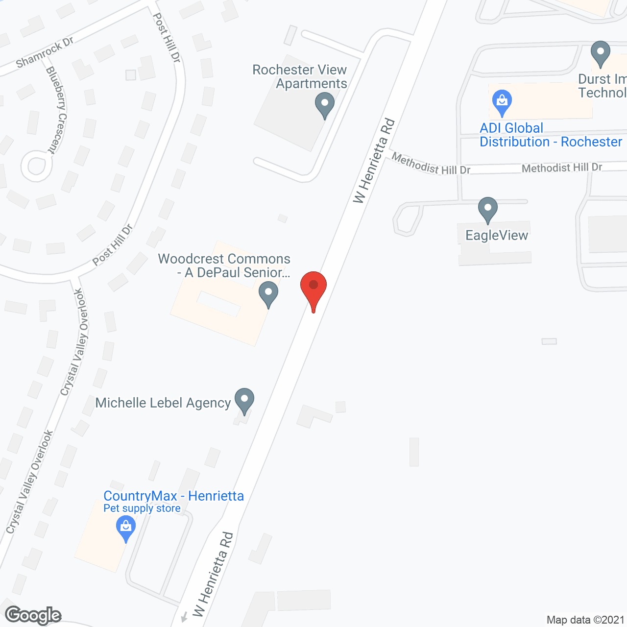 Map of the neighborhood around Woodcrest Commons, a DePaul Senior Living Com