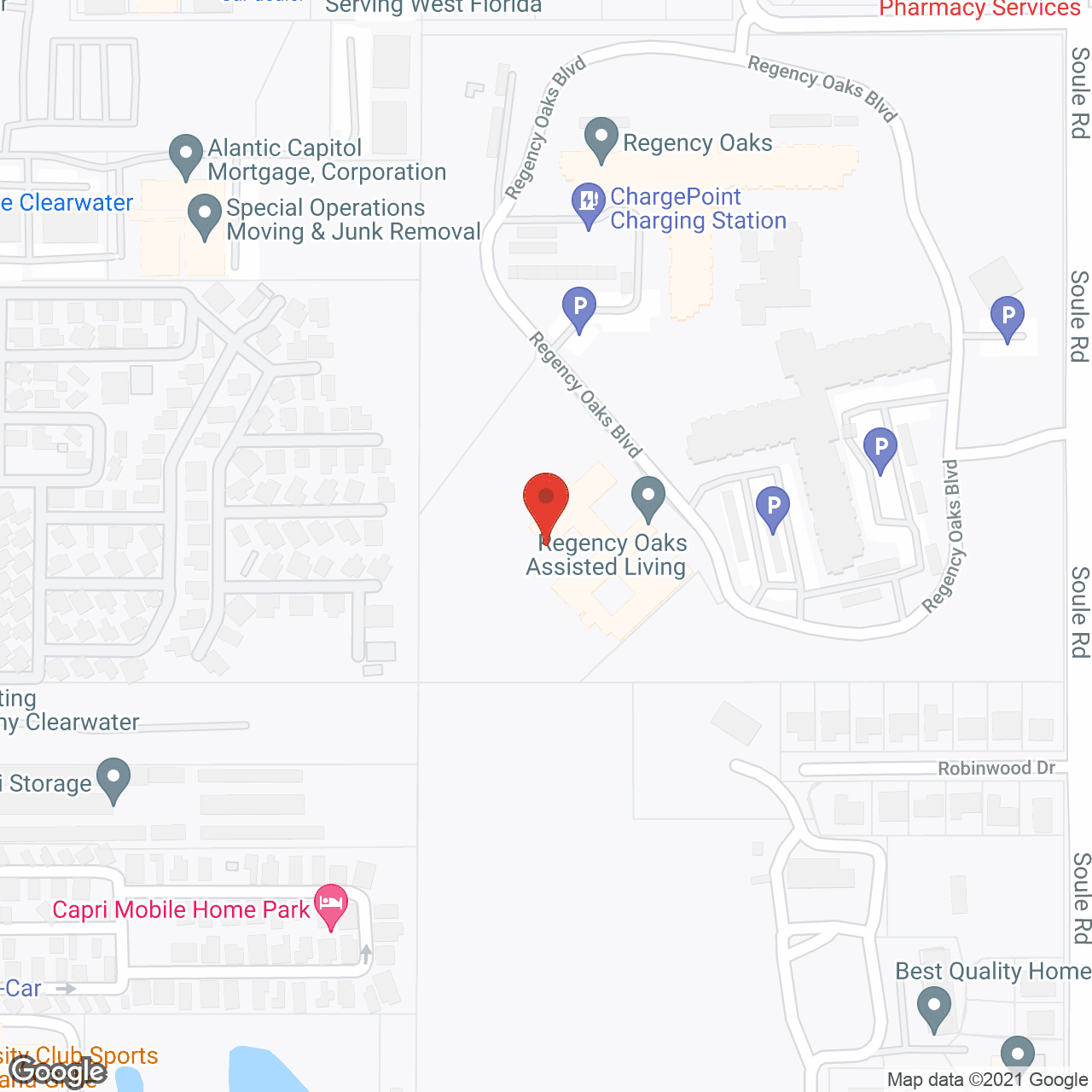 Map of the neighborhood around Regency Oaks, a CCRC